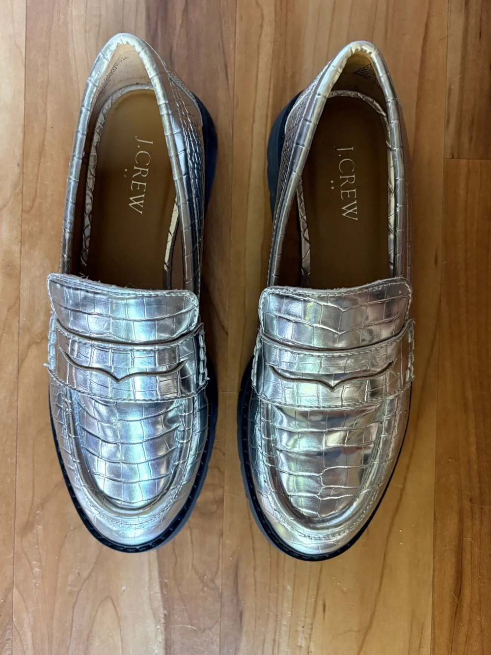 J. Crew Metallic Silver Croc-Embossed Lug Sole Penny Loafers size 7